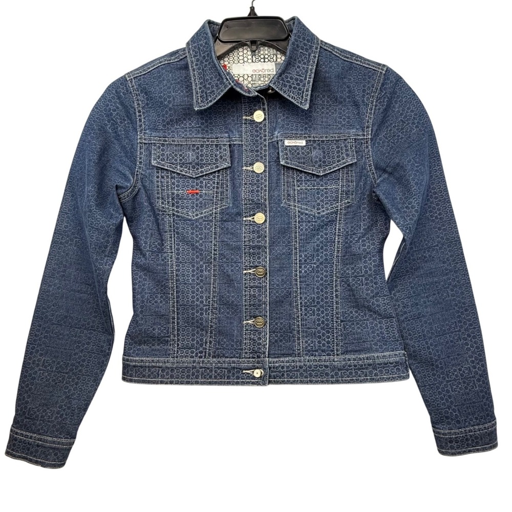 Ecko Red Denim‎ Womens medium Jean Jacket Blue All Over Logo -miss button